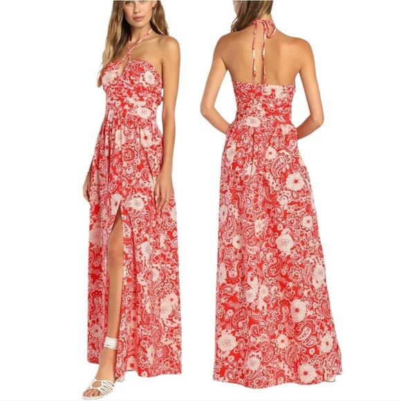 Lulu's If You Breeze Floral Paisley Print Halter Boho Maxi Dress Medium Red NWT - Picture 1 of 14